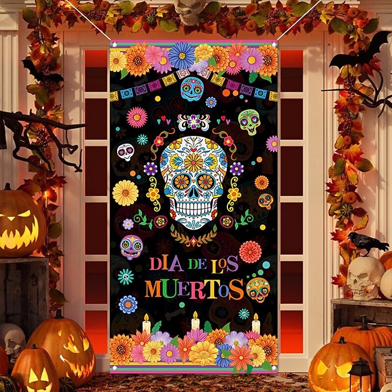 Halloween Door Decorations Halloween Door Covers Day of Dead Door Tapestry Door Curtain Decoration Backdrop Door Banner for Front Door Farmhouse Holiday Party Decor Supplies3