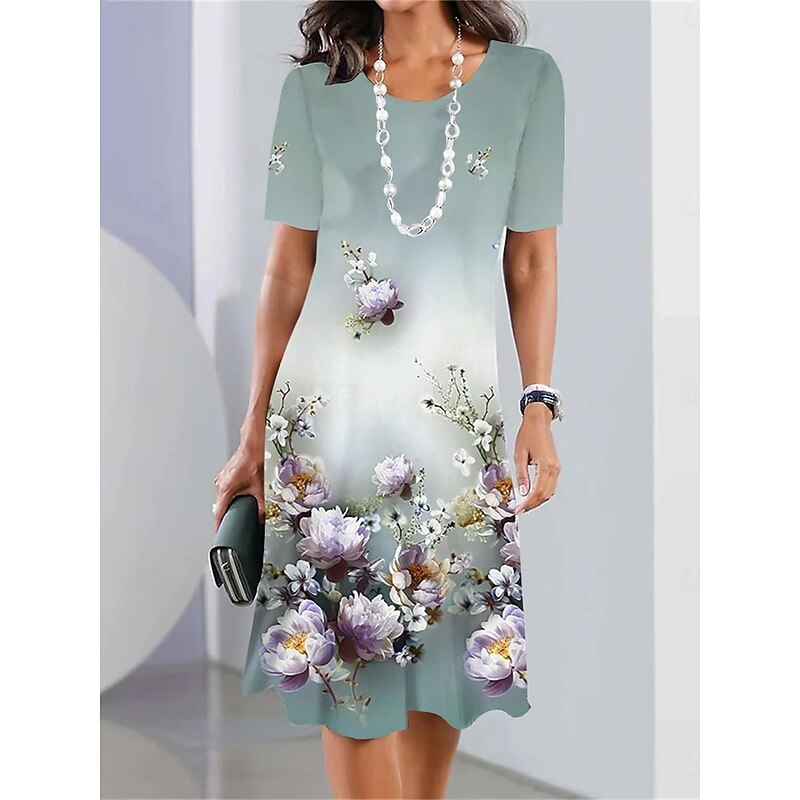 Women's Floral Print Crew Neck Mini Dress Stylish Formal Cocktail Party Short Sleeve Summer2
