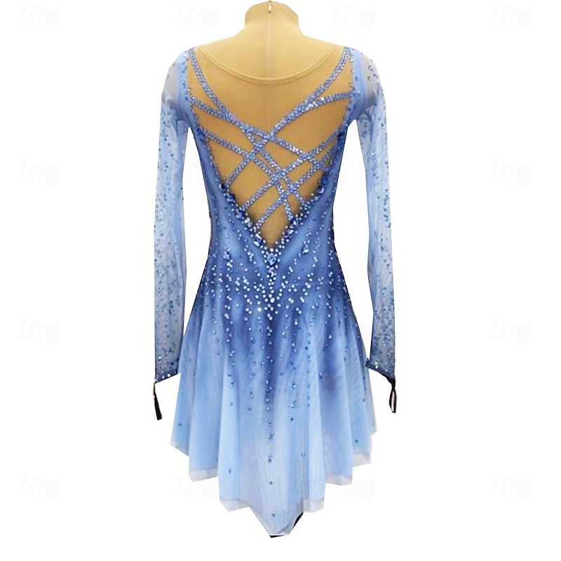 Figure Skating Dress Women's Ice Skating Skirt Dress Blue Thumbhole Open Back Spandex High Elasticity Professional Competition Skating Wear Thermal Warm Classic Crystal / Rhinestone Long Sleeve Ice2