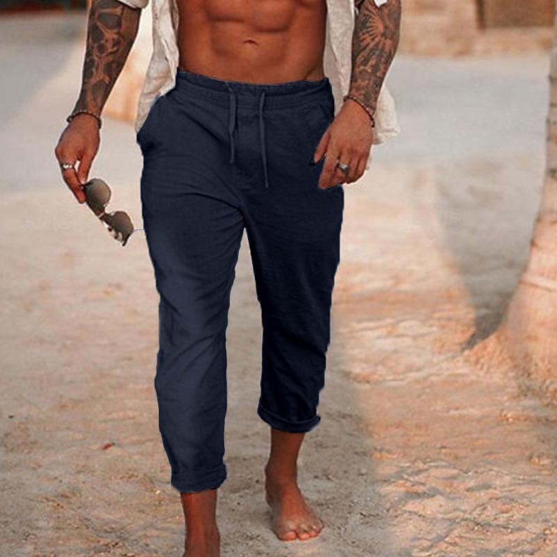Men's Linen Pants Trousers Summer Pants Drawstring Elastic Waist Plain Comfort Soft Daily Beach Fashion Simple Black White Micro-elastic4