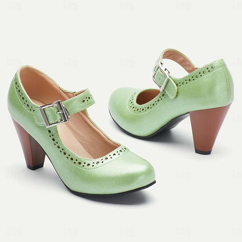 Women's Mint Green Mary Jane Heels with Buckle Strap and Perforated Design for Parties and Casual Wear