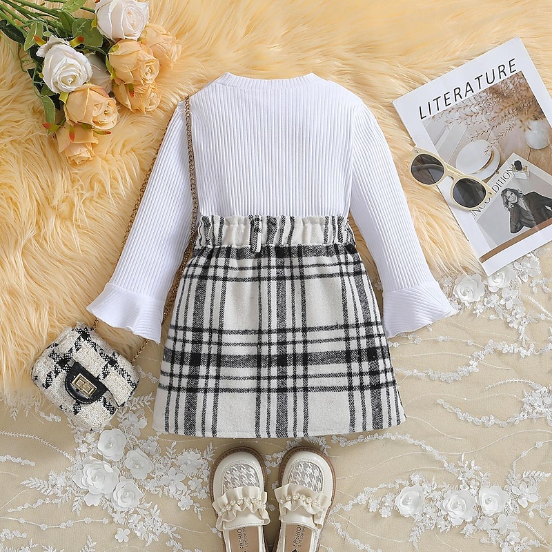 Girls' 3D Solid Color Plaid T-shirt & Skirt Long Sleeve Summer Cute Casual Toddler 4 years+ Crew Neck Outdoor Vacation Loose Fit2