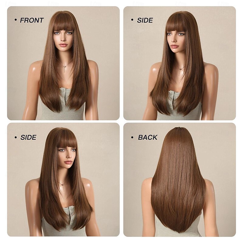 Synthetic Wig Straight Neat Bang With Bangs Wig 26 inch sepia Synthetic Hair Women's Ombre Hair Comfy With Bangs Brown2