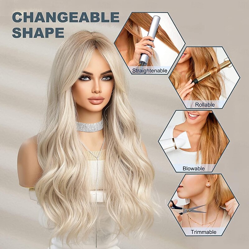 Long Curly Blonde Wig for Women Synthetic Hair with Bangs Wave Wigs with Dark Roots Daily Cosplay High Density Heat Resistant Halloween Wigs4