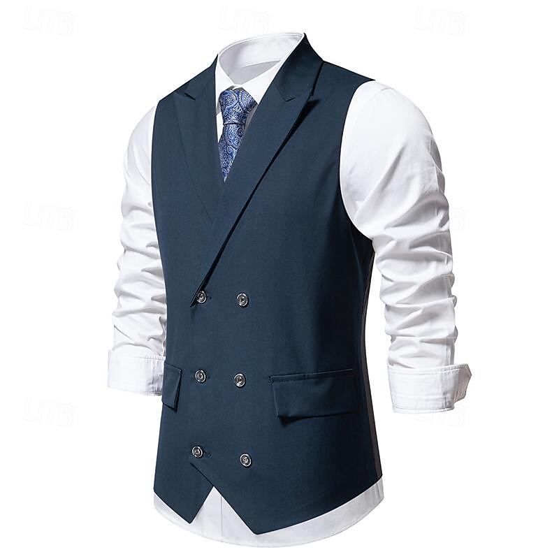 Men's Vest Gilet Daily Wear Vacation Going out Vintage Fashion Spring &  Fall Button Polyester Comfortable Plain Double Breasted Lapel Regular Fit Black Burgundy Dark Navy Vest3