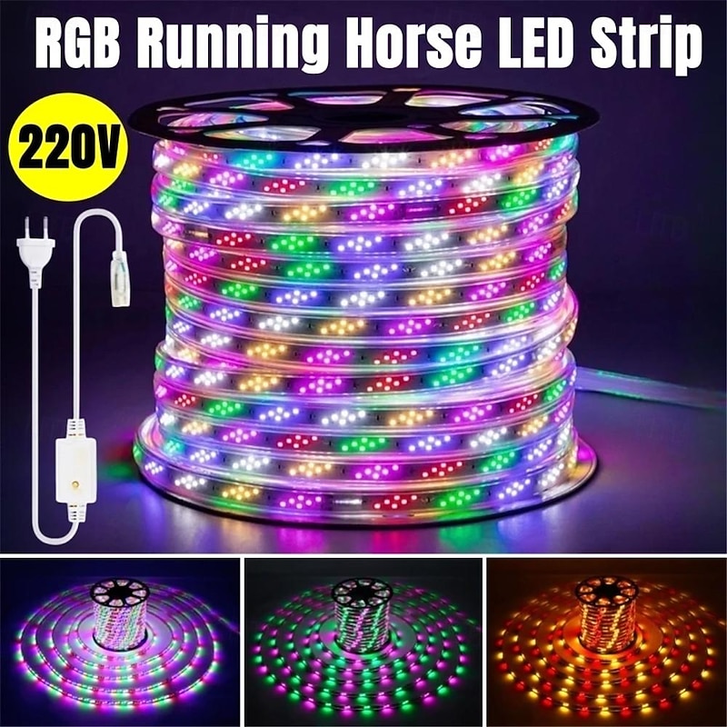 LED Strip Rope Light RGB Horse Running Race LED Strip Light Flexible Pixel Waterproof  Flow Chasing Ribbon Tape Outdoor EU Plug Strip Lights AC220V