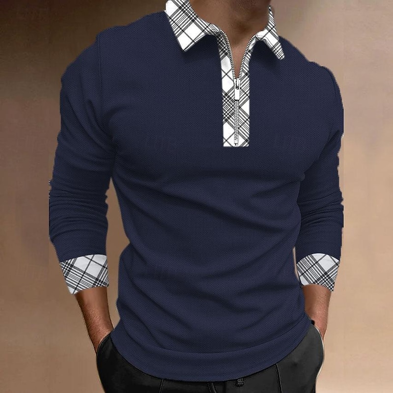 Men's Plaid Zip Polo Shirts Golf Shirt Long Sleeve Polo Shirts Collared Shirts WorkWear Formal Wear Festival Wear 3D Print Quarter Zip Polo Fall & Winter Black White Blue