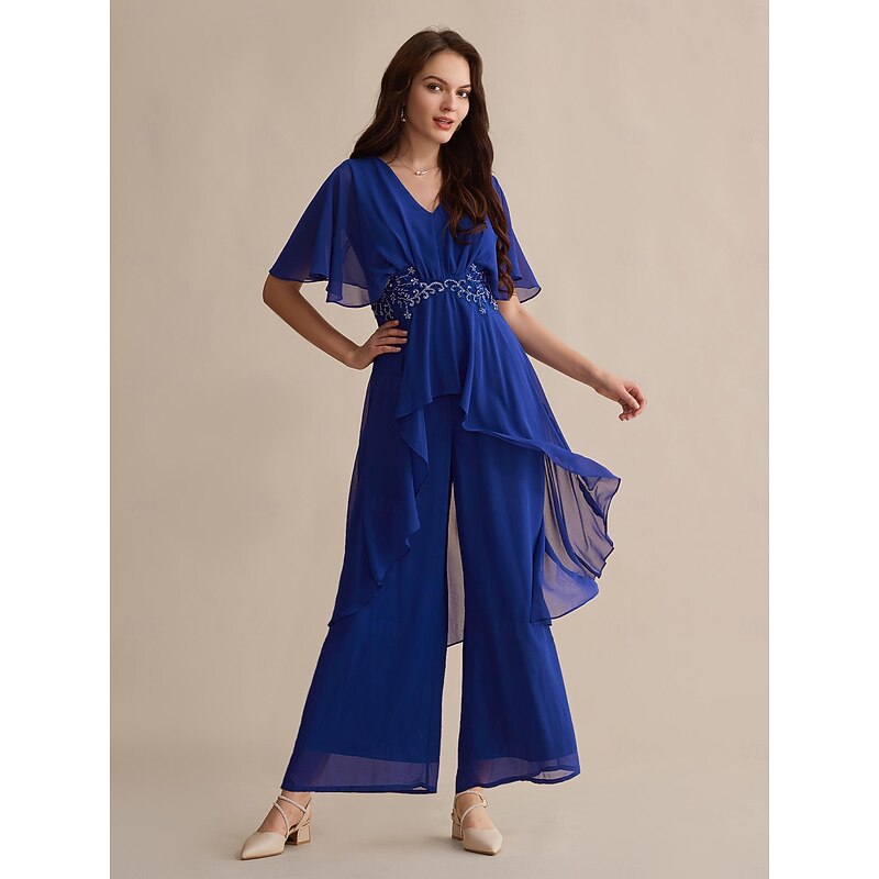 Royal Blue Chiffon Wedding Guest Sequin Embroidered Flare Cuff Sleeve V Neck Mother of the Bride Jumpsuit dress to impress 20243