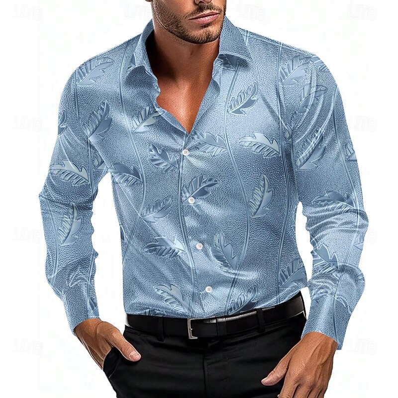 Men's Shirt Satin Shirt Dress Shirt Button Up Shirt Floral Party Evening Wear Light Blue Yellow Gray Long Sleeve Turndown Summer Spring Clothing Apparel Button Up2
