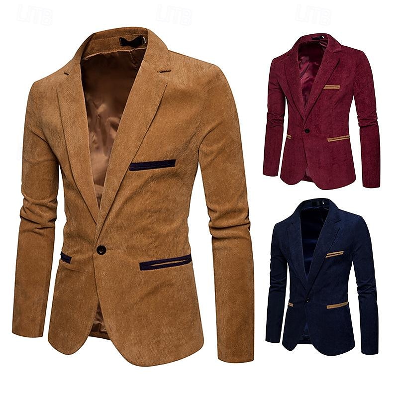 Men's Blazer Business Cocktail Party Wedding Party Fashion Casual Spring &  Fall Corduroy Plain Pocket Buttons Comfortable Single Breasted Blazer Burgundy Navy Blue khaki