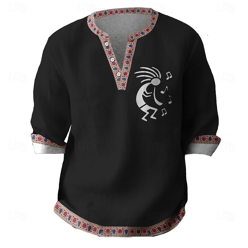 Men's Kokopelli Shirt Button Up Shirt Henley Shirt Long Sleeve Vintage Casual Tribal Vacation Daily Beach Summer Spring Fall V Neck 3D Print Black Blue Khaki3
