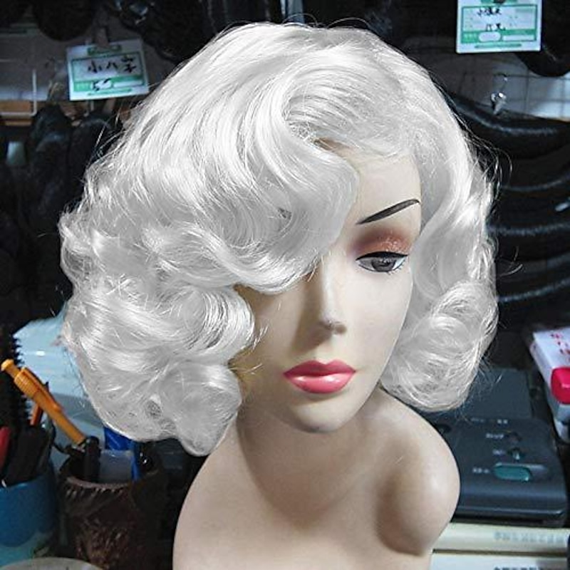 Short Curly White Wig for Women Synthetic Natural Wavy Costume Wig for Cosplay Party Halloween Wigs