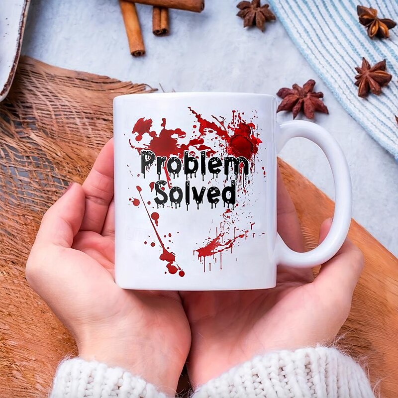 Halloween Blood Coffee Mug 11 oz Problem Solved Ceramic Cup Spooky Design Perfect for Halloween Gift Durable and Microwave Safe3
