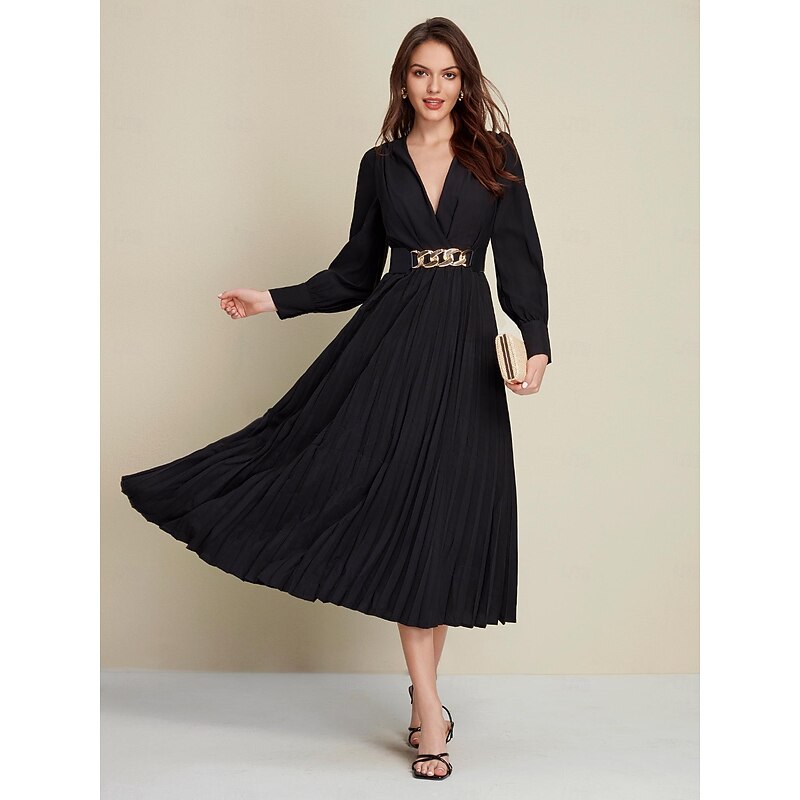 Black Satin Pleated Party/Wedding Guest Deep V Long Sleeve Belted Maxi Dress dress to impress 20244