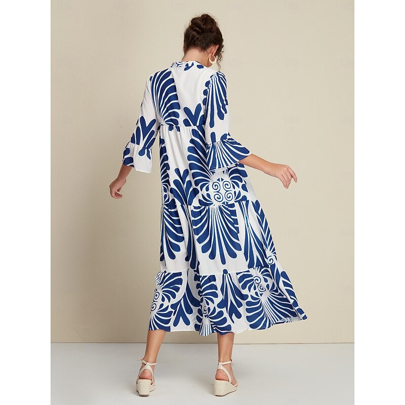 Chiffon Folk Print 3/4 Length Sleeve V Wire Maxi Dress2