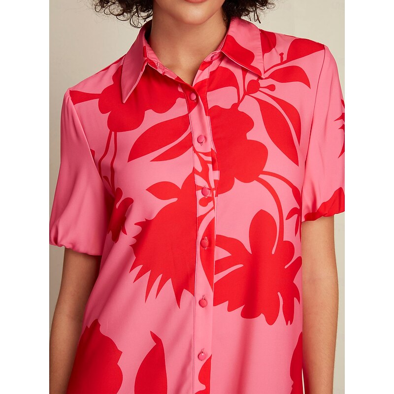 Chiffon&Satin Rose Red Floral Stripe Asymetric Hem Short Sleeve Maxi Dress3