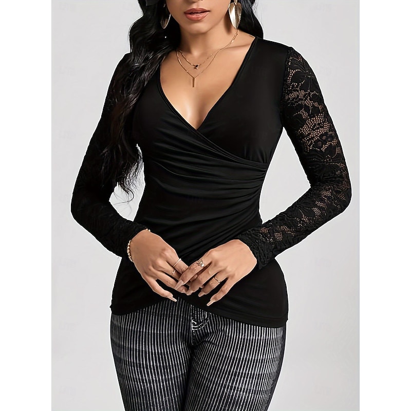 Shirt Blouse Women's Black Plain Lace Street Daily Fashion V Neck Regular Fit S2