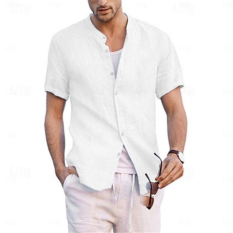 Men's Shirt Linen Shirt Cotton Linen Shirt Chinese Collar Shirt Mandarin Collar Shirt Summer Shirt Plain Vacation Casual Black White Navy Blue Blue Short Sleeve Band Collar Summer Clothing Apparel2