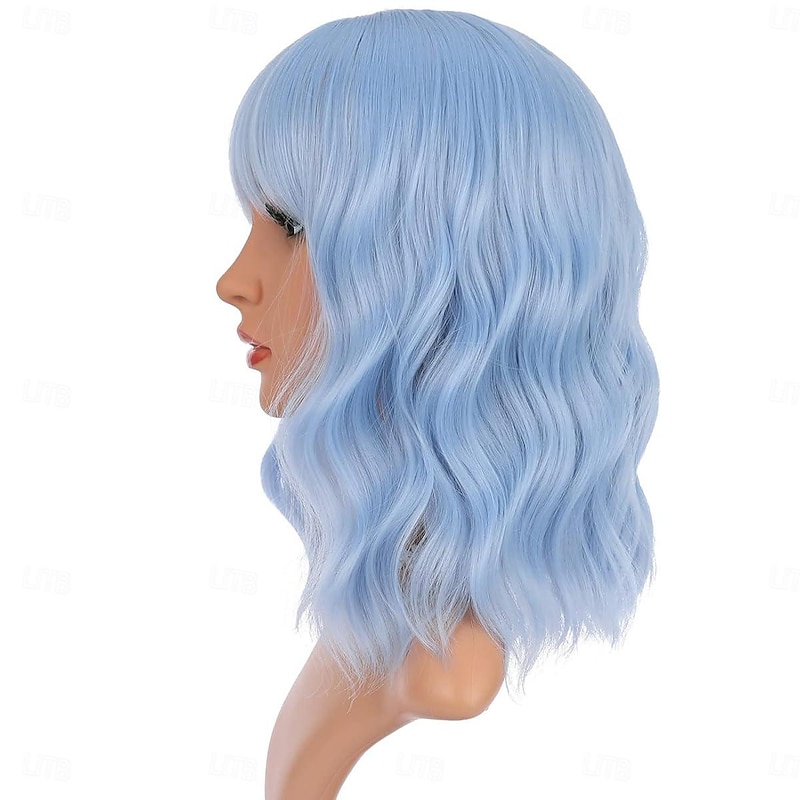 Wig Short Bob Wig Short Blue Wigs for Women Curly Wavy Wig with Air Bangs Heat Resistant Synthetic Hair Wigs for Daily Use Halloween Cosplay Party Wigs3