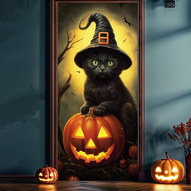 Halloween Door Decorations Halloween Door Covers Black Cat Pumpkin Door Tapestry Door Curtain Decoration Backdrop Door Banner for Front Door Farmhouse Holiday Party Decor Supplies