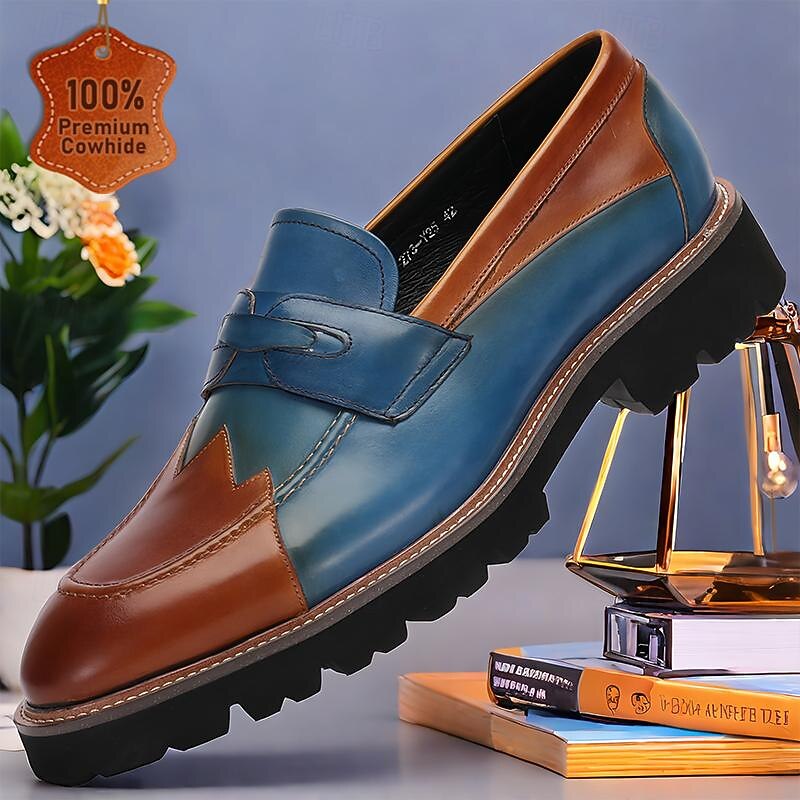 Men's Two-Tone Leather Penny Loafers with Premium Cowhide, Slip-On Design and Rugged Sole for Business and Casual Wear