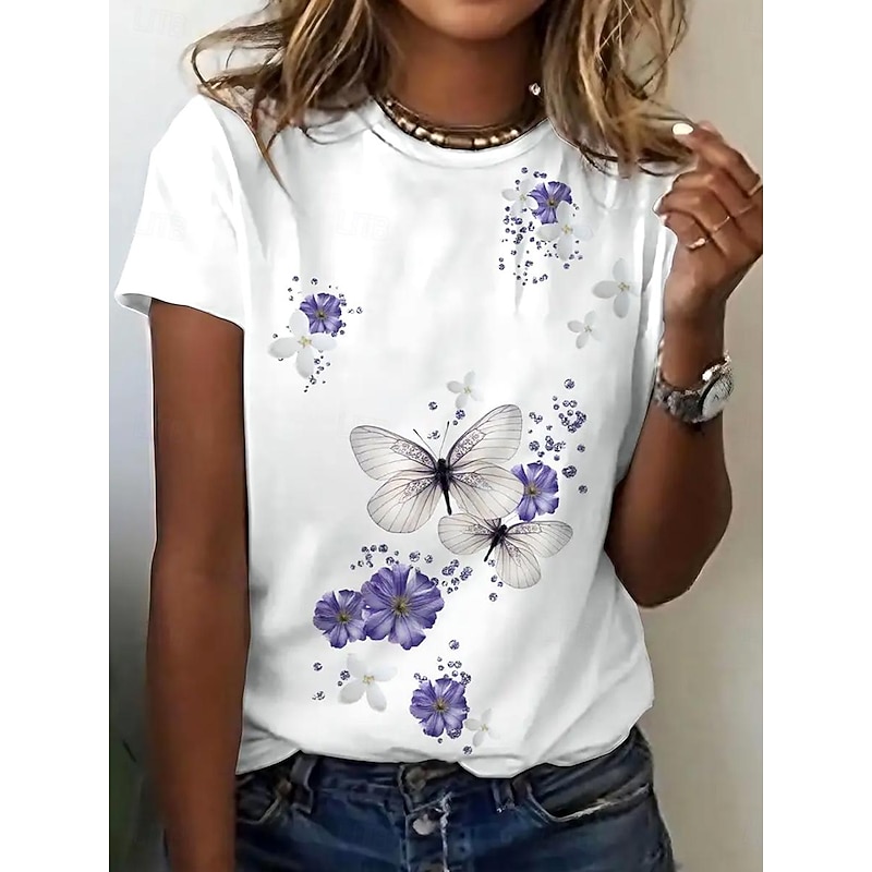 Women's T Shirt Floral Butterfly Stylish Casual Short Sleeve Crew Neck Regular Tops Daily Print White Summer
