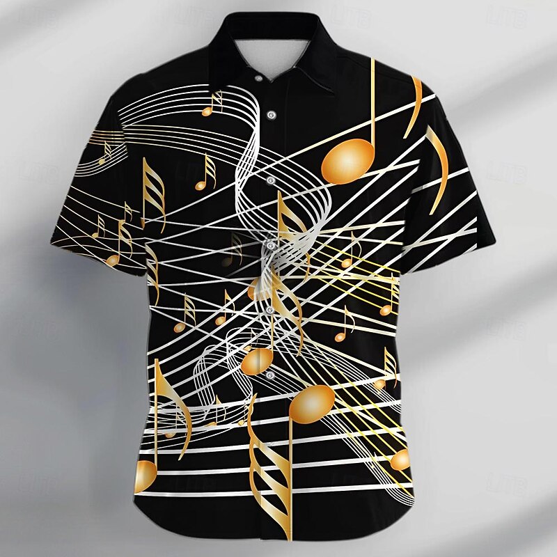 Men's Boardmasters Musical Notes Shirt Button Up Shirt Short Sleeve Casual Vacation Daily Evening Party Summer Turndown Collared Shirts Buttons Print Black Pink Orange4