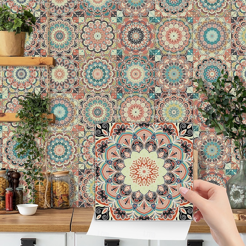 24/48pcs Thickened crystal filmMoroccan Style TileStickers Retro PVC Wall DecorWaterproof & Oil-proof RemovableFor Bathroom Kitchen DecorVintage Home Decor