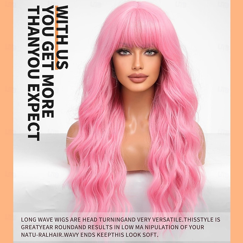Long Pink Wavy Wigs for Women Wig with Bangs Natural Curly Synthetic Wig for Party Cosplay Daily Use2