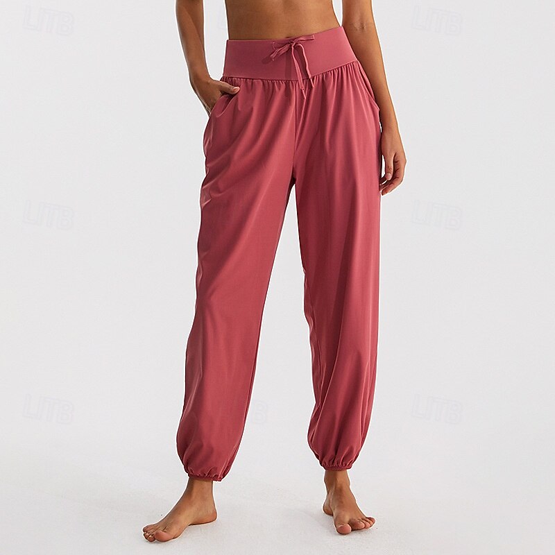 Women's fitness pants Pilates Pants Yoga Pants with Pockets Sun Protection High Waist Pilates Gym Zumba Bottoms Solid Color Watermelon Red Black Dark Navy Fall Sports Activewear Micro-elastic Loose2