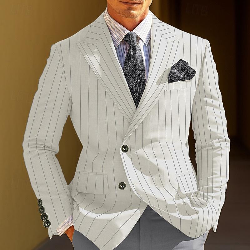 Men's Graduation Blazer Business Cocktail Party Wedding Party Fashion Casual Spring &  Fall Polyester Stripes Pocket Buttons Comfortable Single Breasted Blazer Black White Yellow Blue