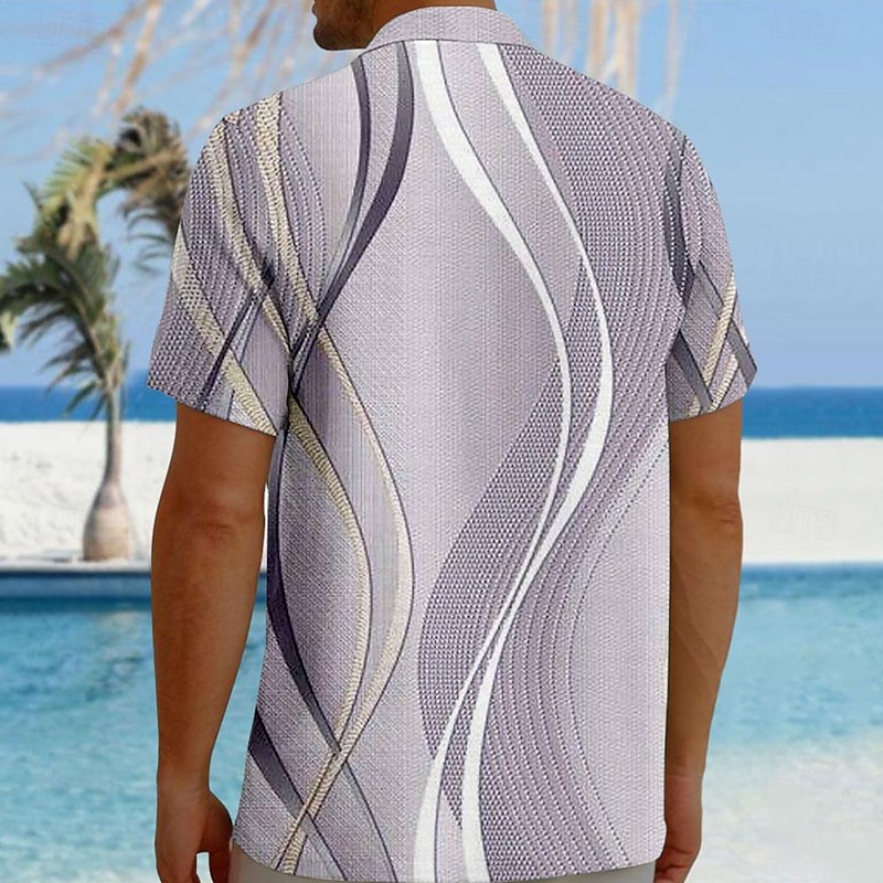 Men's Geometric Lines / Waves Geometric Pattern Button Up Shirt Printed Shirts Short Sleeve Hawaiian Resort Outdoor Business / Ceremony / Wedding Summer Turndown Print Button-Down Purple2