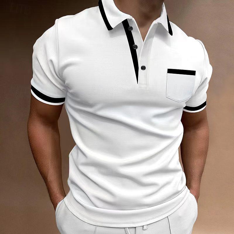 Men's Polo Shirts Golf Shirt Casual Sports Lapel Short Sleeve Fashion Basic Color Block Patchwork Front Pocket Summer Regular Fit White Red Navy Blue Blue Gray Polo Shirts