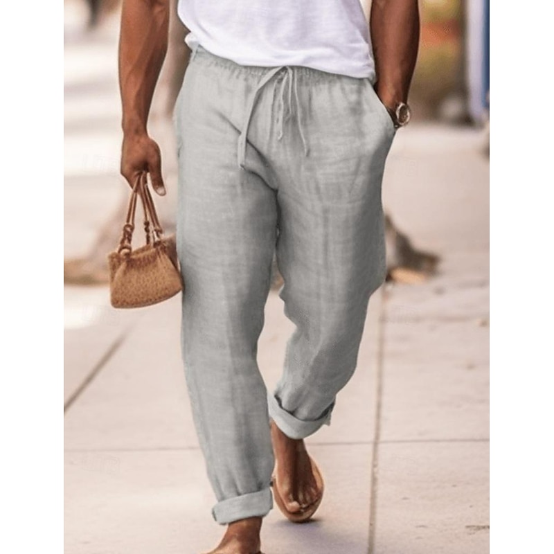 Men's Linen Pants Trousers Summer Pants Drawstring Elastic Waist Plain Comfort Soft Full Length Daily Going out Beach Fashion Simple Navy Blue Sky Blue Micro-elastic3