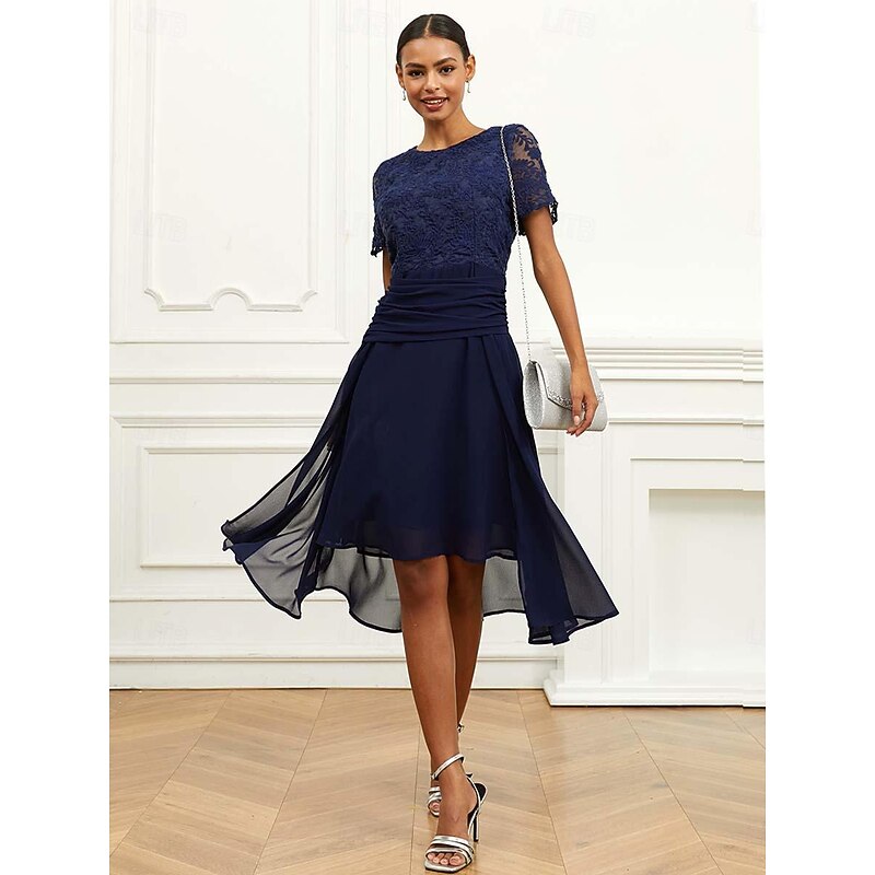 Women's Wedding Guest Cocktail Dress Chiffon Lace Ruched Crew Neck Short Sleeve Midi Dress Party Elegant Formal Dark Blue Summer