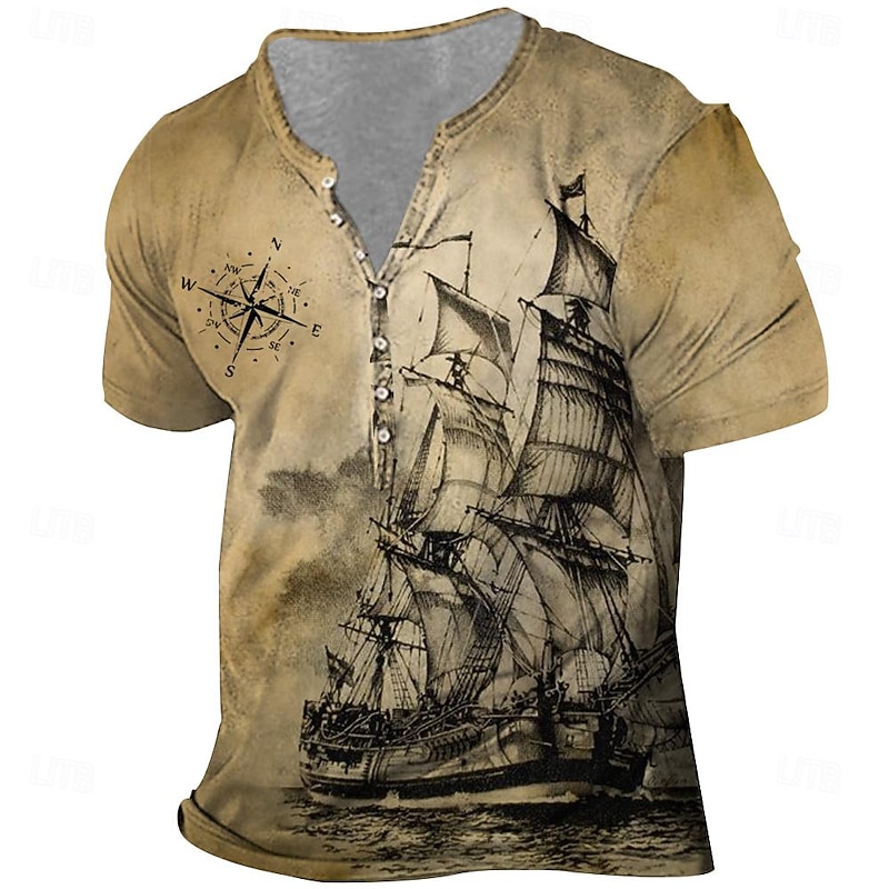 Men's Ship T Shirt Short Sleeve 3D Print Vintage Daily Summer Spring Fall Red Navy Blue Brown Green Gray Henley Collar Henley T-Shirt