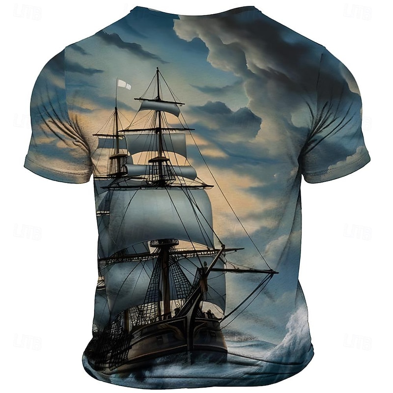 Men's Boat T Shirt Short Sleeve 3D Print Vintage Daily Summer Spring Fall Red Blue Henley Collar Henley T-Shirt3