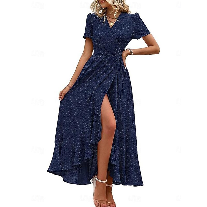 Women's Casual Dress Maxi Dress Ruffle Patchwork Date Vacation Streetwear Maxi V Neck Short Sleeve Navy Blue Blue Army Green Color2