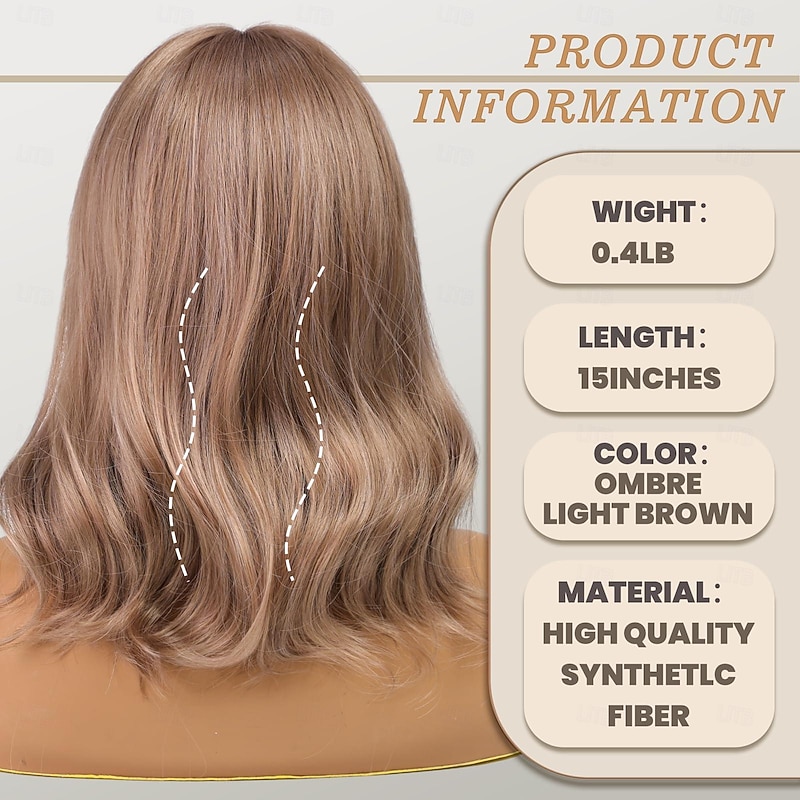 Short Curly Wigs with Fringe,Wavy Bob Wigs for Women Heat Resistant Synthetic Blonde Wigs Shoulder Length Wigs Natural Looking Ombre Light Brown2