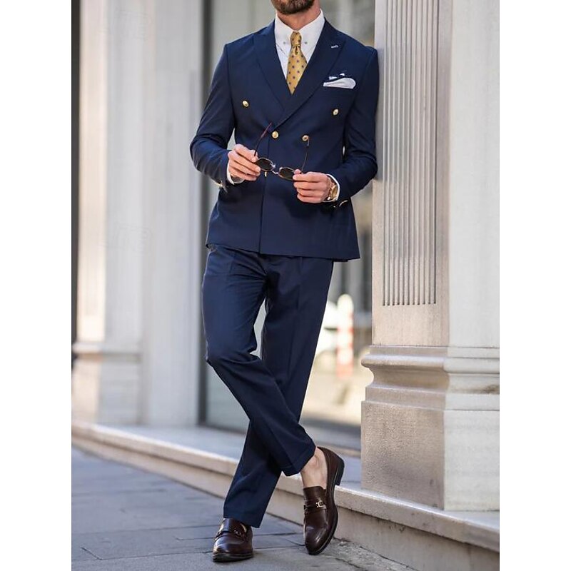 Men's Wedding Party Suits Dark Blue Business Formal Solid Colored Tailored Fit 2 Piece Double Breasted Six-buttons4
