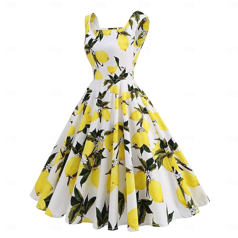 Retro Vintage 1950s Rockabilly Knee Length Dress A-Line Dress Swing Dress Floral Fruit A-Line Fancy Dress Women's Carnival Masquerade Vacation Casual Daily Retro Theme Party Adults' Dress Spring4