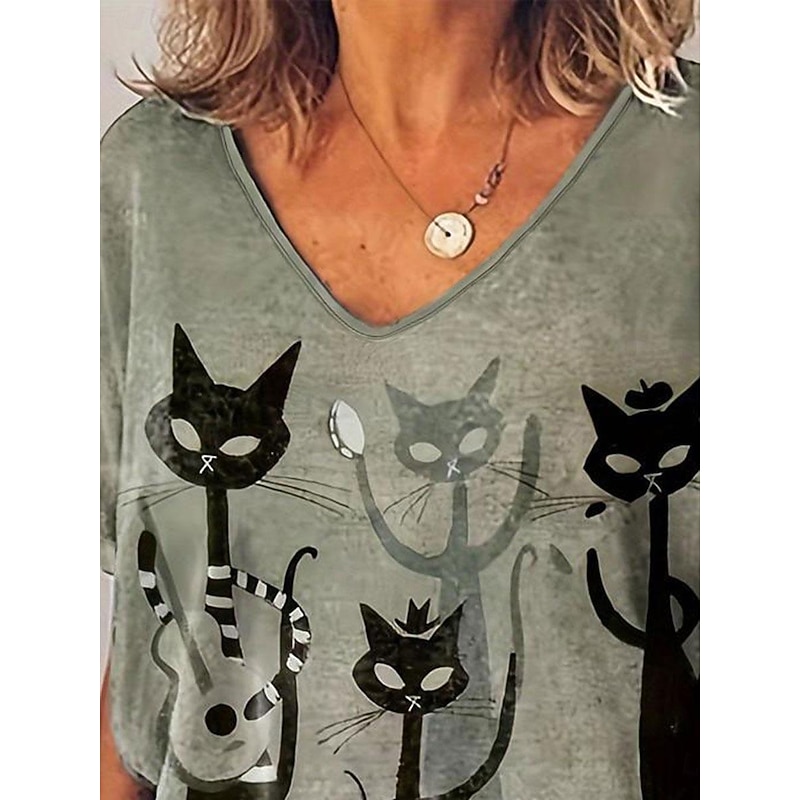 Halloween Women's T shirt Black Cat Casual Print Short Sleeve Regular Tops V Neck Daily Red Blue Green Summer3
