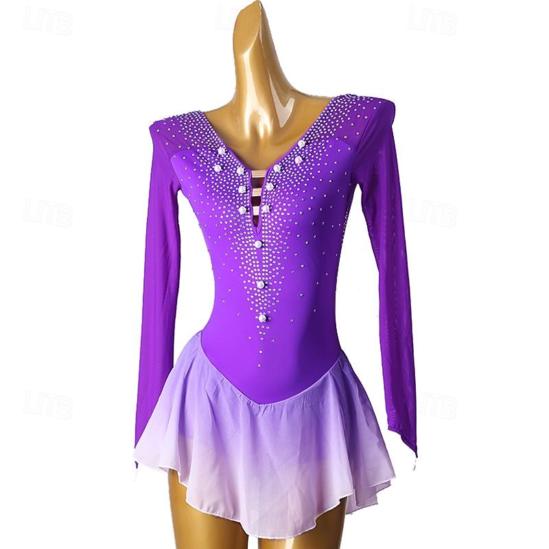 Figure Skating Dress Women's Girls' Ice Skating Dress Violet Patchwork Open Back Mesh Spandex High Elasticity Training Practice Professional Skating Wear Classic Crystal / Rhinestone Long Sleeve Ice3