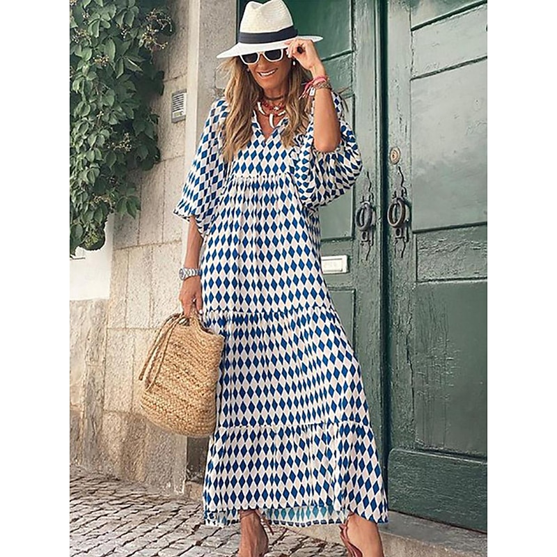 Women's Geometric Print V Neck Lantern Sleeve Maxi Dress Casual Daily Vacation 3/4 Length Sleeve Summer Spring3