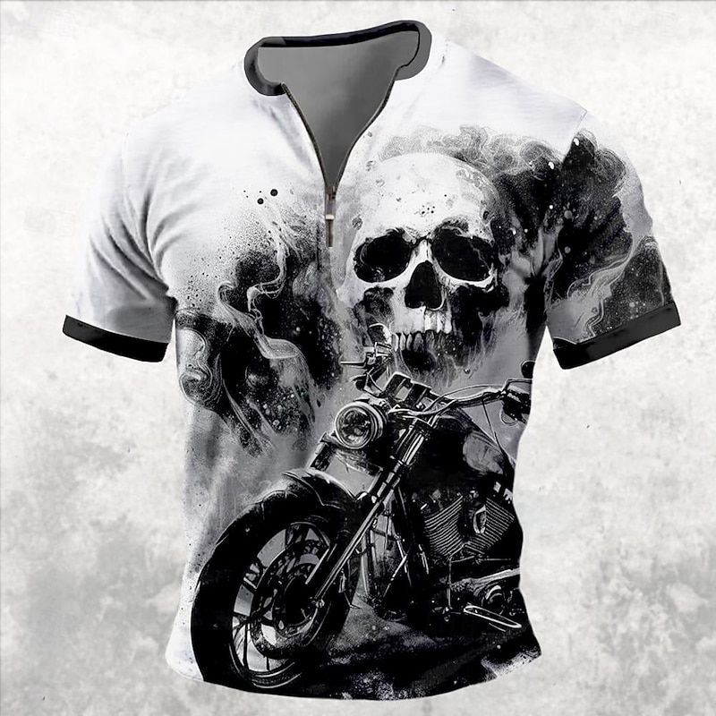 Halloween Men's Skull Flame Motorcycle T Shirt Short Sleeve T shirt 3D Print Half Zip Shirt Retro Vintage Street Casual Daily Black Orange Summer Spring Clothing Apparel S M L XL XXL XXXL2