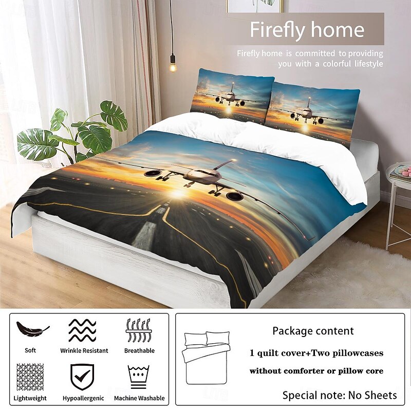 Airplane Sky Sunset Runway Duvet Cover Set - Includes Duvet Cover and Pillowcases - Stunning Airplane and Sunset Design - Soft and Comfortable Fabric4