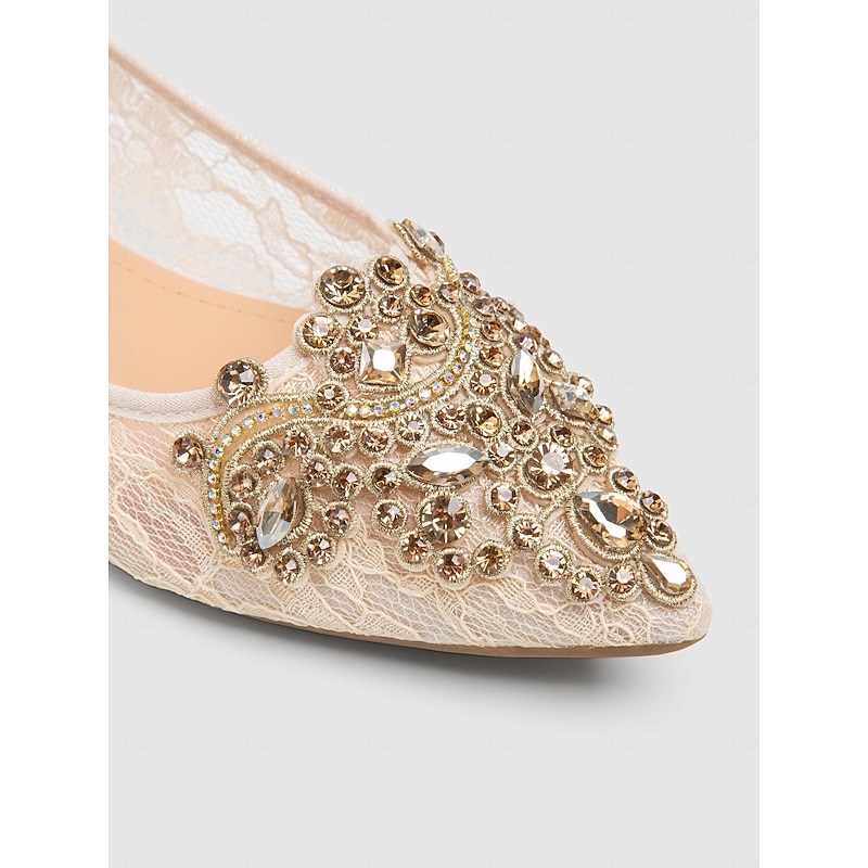 Elegant Women's Beige Lace Ballet Flats with Ornate Rhinestone Embellishments – Perfect for Weddings and Formal Events4