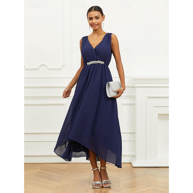 Women's Wedding Guest Cocktail Dress A Line Maxi  Chiffon Ruched Tiered Elegant V Neck Sleeveless dress Navy Blue Color2
