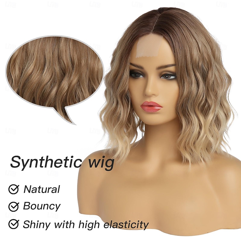 Short  Wavy Wig for Women 14 Inch Shoulder Length Middle Part Curly No Lace Wavy Bob Wig Natural Looking Synthetic Heat Resistant Fiber Wig for Daily Party Use Halloween Wigs3