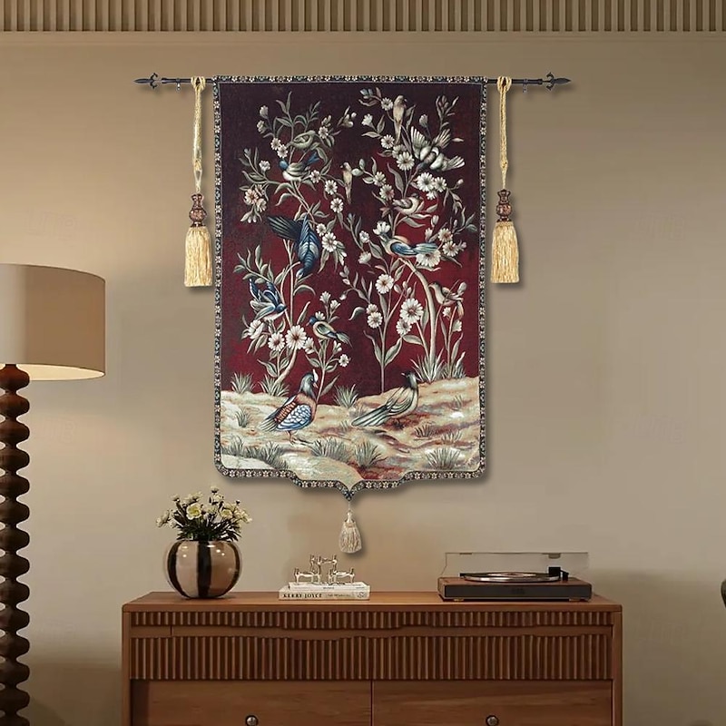 Jacquard Woven Tapestry Gobelin Aubusson Wall Hanging Wild Birds and Flowers Begian Wall Tapestry Loom Cotton Weave Living Room Bedroom Decoration(without Stick and Tassels)